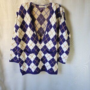 Dana Buchman Purple/Cream/Gold Wool Argyle V-neck Sweater Medium